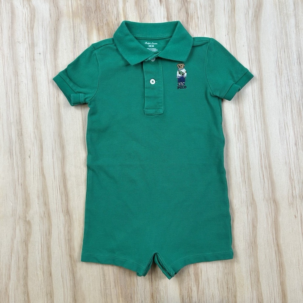 Polo Ralph Lauren Baby 12M Green Collared Polo Bear One Piece Preppy Romper